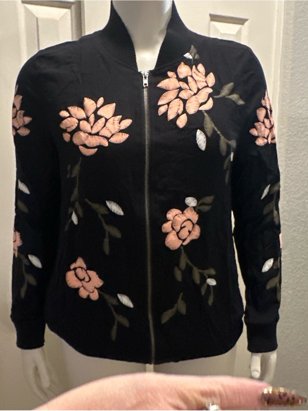 living doll Black Bomber Jacket with Pink Floral Embroidery